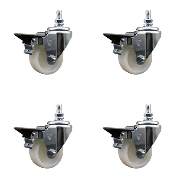 3 Inch Nylon 10 MM Threaded Stem Caster Set with Brake